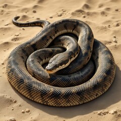 Fototapeta premium Coiled Snake on Sand Showing Textured Skin and Patterned Scales Outdoors
