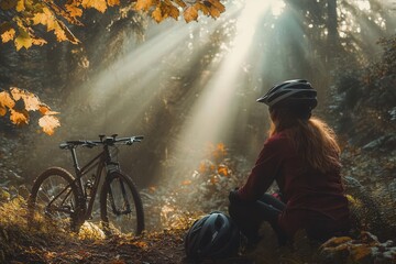 Female cyclist resting by a mountain bike on a forest trail, helmet and gear highlighted, rays of light filtering through the trees