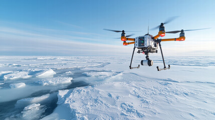 drone hovers over vast, icy landscape, capturing beauty of melting ice sheet. scene evokes sense of urgency regarding climate change and need for innovative solutions