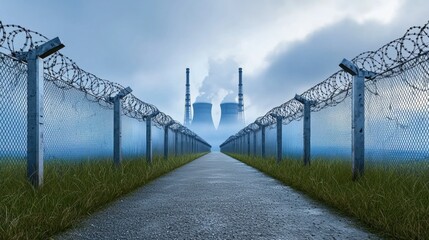 Industrial landscape with barbed wire and smoke stacks.