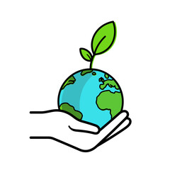 A hand gently cradles a small Earth with a sprout growing from it, symbolizing our responsibility to nurture and protect our planet