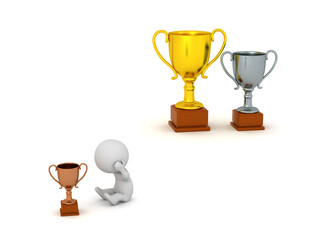 Sad 3D Character with a small Bronze Trophy