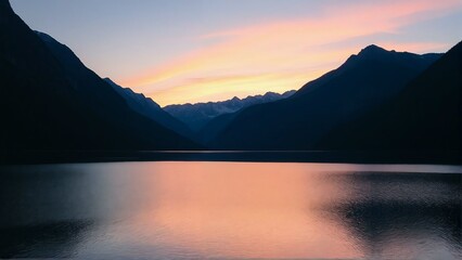 Generative A.I. depicts a serene alpine lake reflecting towering cliffs and snow-capped peaks, bathed in the soft hues of sunrise, creating a breathtaking and tranquil mountain landscape