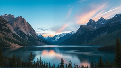 Generative A.I. depicts a serene alpine lake reflecting towering cliffs and snow-capped peaks, bathed in the soft hues of sunrise, creating a breathtaking and tranquil mountain landscape