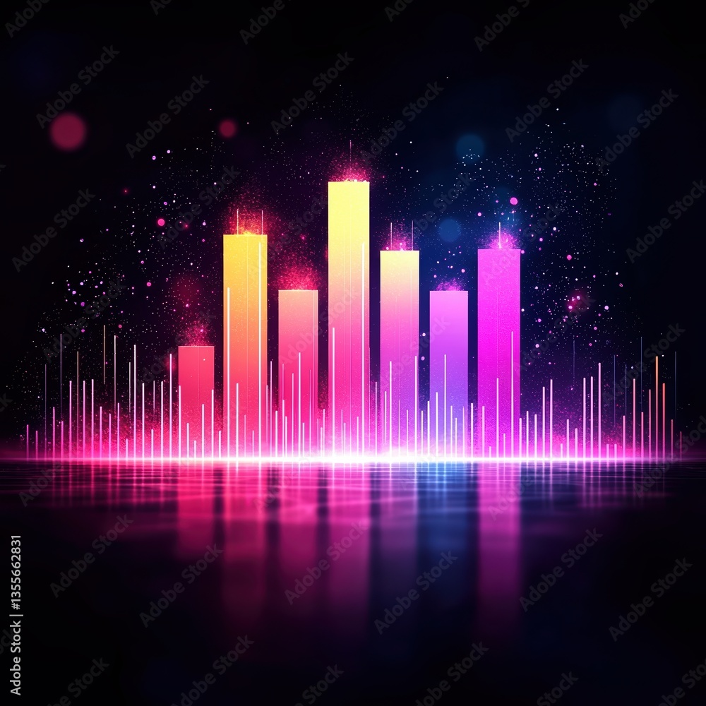 Poster a vibrant digital soundwave visualization with colorful bars and sparkles, representing audio and mu