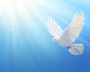 Fototapeta premium Dove soars in sunlit blue sky. Peaceful bird flies gracefully against serene backdrop