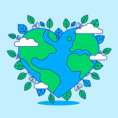 A heart-shaped Earth surrounded by leaves and clouds symbolizes care for the environment.