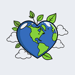 A heart-shaped Earth surrounded by leaves and clouds represents love for nature
