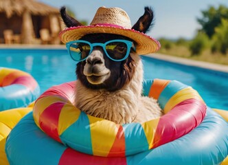 llama wearing sunglasses and summer hat sitting on inflatable ring, enjoying summer vacation on vibrant plain background (3)