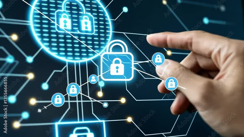 Poster cybersecurity sentinel: a finger interacts with a digital interface showcasing a cloud-based securit