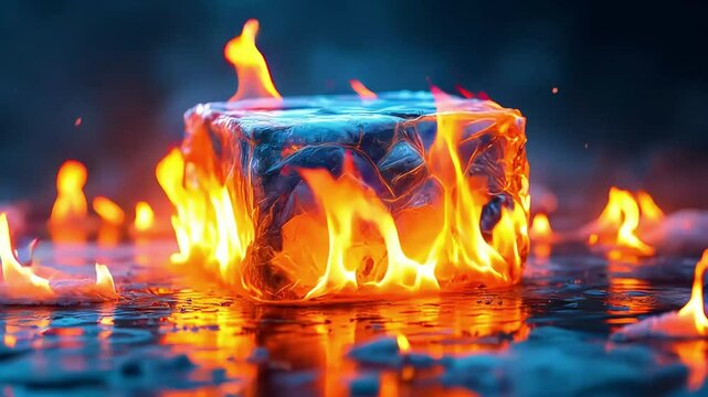 Melting Ice Cube with Flames &ndash; Hot and Cold Contrast Animation, Glowing Fire and Ice Interaction, Perfect for Conceptual, Nature, or Temperature-related Video Projects