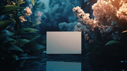Blank card in a mystical floral garden setting