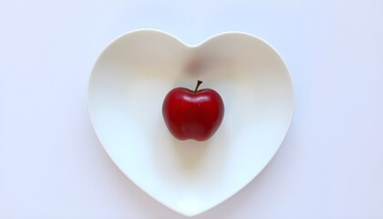 Red Apple on White Heart-Shaped Plate Against Minimalist Background