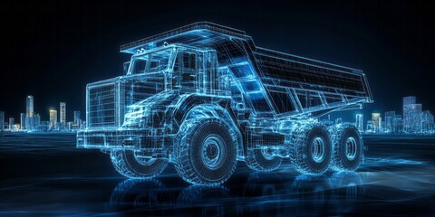 Blue wireframe of a large dump truck with city background