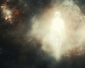 Ethereal Figure Emerges from Nebula in Cosmic Space