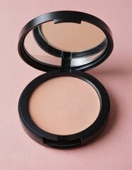 single compact makeup powder with a mirror open placed on a plain pastel pink background stylish and feminine (2)