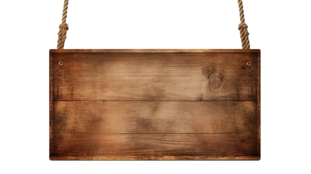 Wooden Wood Sign Hanging with Ropes Isolated on PNG Transparent Background
