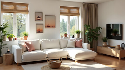 Fototapeta premium Modern and Inviting Living Room Interior with Modular White Sofa, Wooden Furniture, Artistic Decor, and Cozy Personal Touches