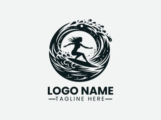 surfer silhouette riding wave within circular splash. Extreme sport logo concept.