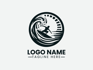 surfer silhouette riding wave within circular splash. Extreme sport logo concept.