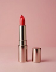 Obraz premium single shiny red lipstick tube standing upright on a plain pastel pink background bold and glamorous (2)