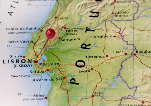 Colorful tourist location map with red stick pin at Lisbon, Portugal and the surrounding area