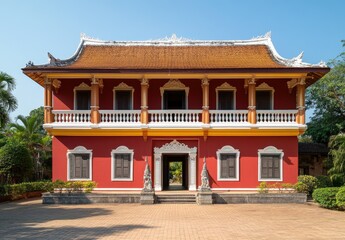 A beautiful two-story villa, with red and yellow walls and orange accents, surrounded by green lawns.