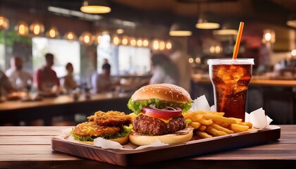 A modern fast-casual restaurant scene with a tray of gourmet burgers, loaded fries, Generated image