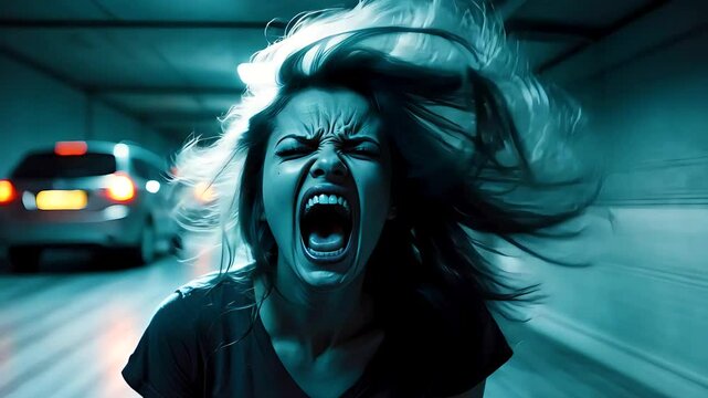 Woman screaming in rage with wind in hair in slow motion dramatic interior