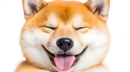 Happy Shiba Inu Dog Smiling Cheerfully with Tongue Out Against Plain White Background