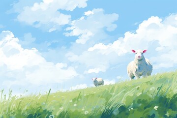 Naklejka premium Sheep graze on green hill under a bright blue sky with puffy clouds. Countryside scenery in an illustration