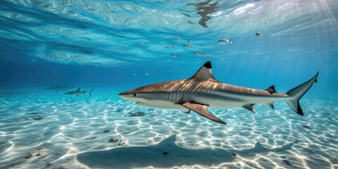 Obraz premium Blacktip reef shark swimming in clear shallow ocean water with sandy seabed and sunlight reflections marine wildlife underwater photography