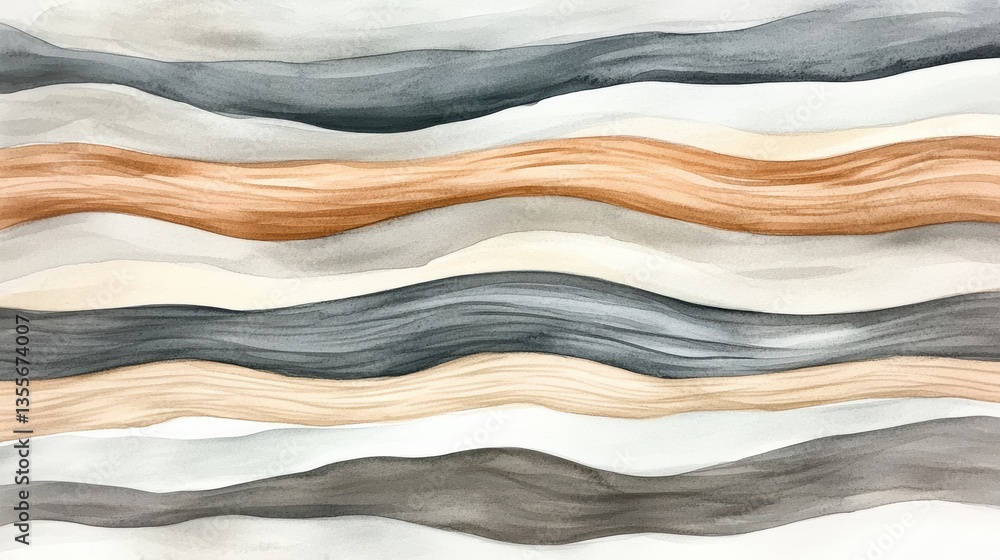 Poster a serene abstract painting with flowing waves in muted tones of beige, gray, and cream, creating a c