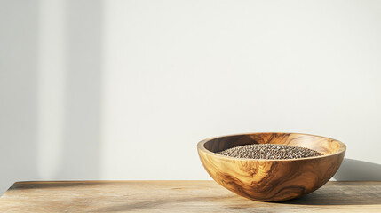Chia seeds in a wooden bowl on a wooden table with copy space for text, white background.