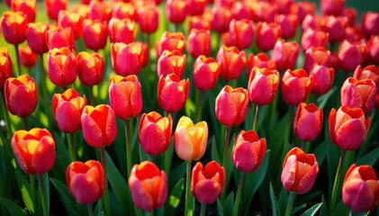 Fototapeta premium Bold, densely packed tulips in vibrant colors, geometric layout , leaves, spring, colorful