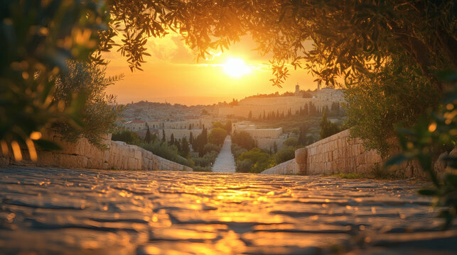 Jerusalem Old City At Sunset With Golden Sky View From Stone Pathway and Trees