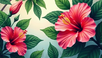 Bold hibiscus & tropical foliage, vibrant repeat, digital, texture