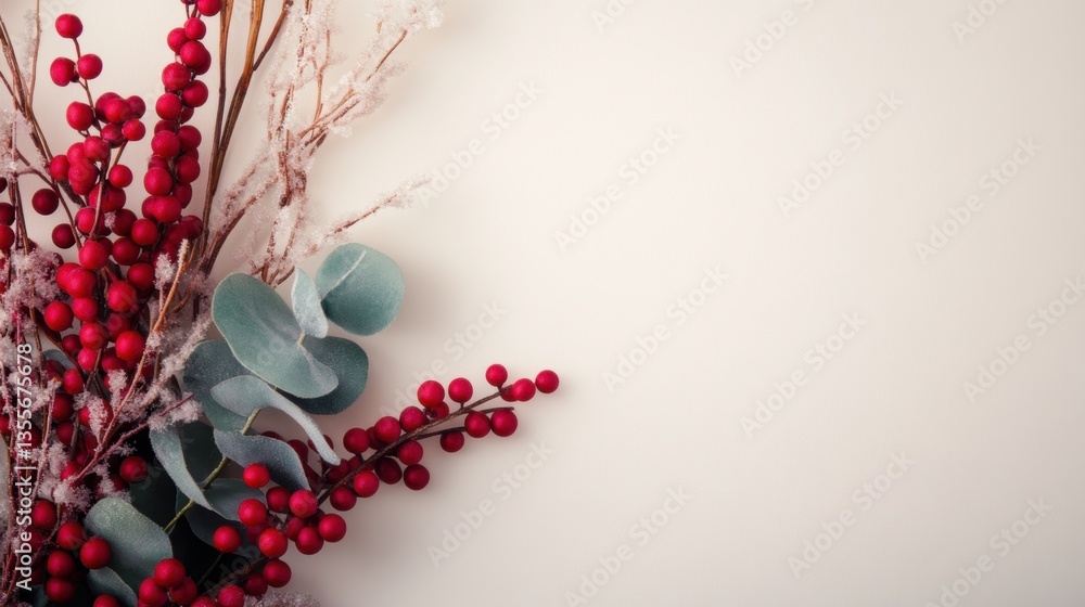 Poster eucalyptus leaves and clusters of red berries are creatively arranged, adding a festive touch to a s