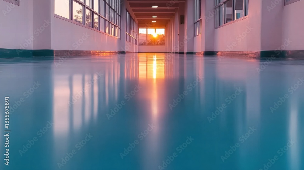 Poster sunlight casts a warm glow on the glossy floor of a corridor, creating a serene atmosphere during ev