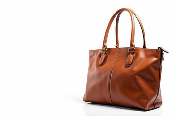 Naklejka premium Brown leather tote bag, isolated on white background, stylish bag, brown bag