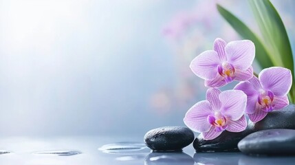A serene arrangement of purple orchids with smooth black stones, creating a tranquil atmosphere against a soft, blurred background.