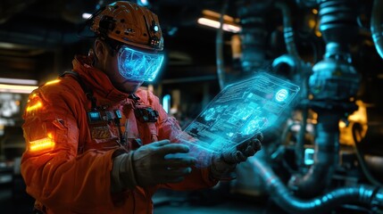 Engineer in AR Goggles Monitors Futuristic Factory.