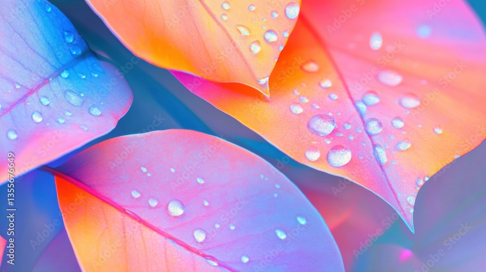 Poster leaves display a mix of vibrant colors with droplets reflecting light, creating a stunning visual du