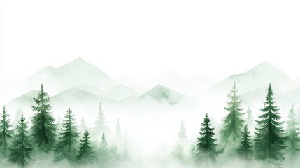 Fototapeta premium A serene watercolor landscape featuring misty mountains and lush evergreen trees, evoking a sense of tranquility and connection to nature.