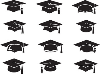 graduation cap icon set, Graduation Cap Silhouette Collection - Minimalist Black Icons, Minimalist Graduation Cap Silhouettes - Black Icon Set