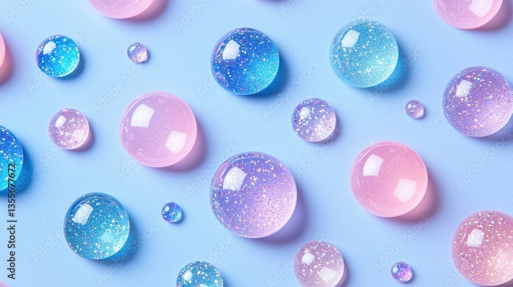 Poster colorful, sparkling bubbles in various sizes scattered on a soft blue background create a whimsical 