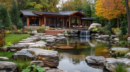 Fototapeta premium A stunning modern wood house led amongst autumn foliage overlooks a serene natural rock water feature and landscaped garden.