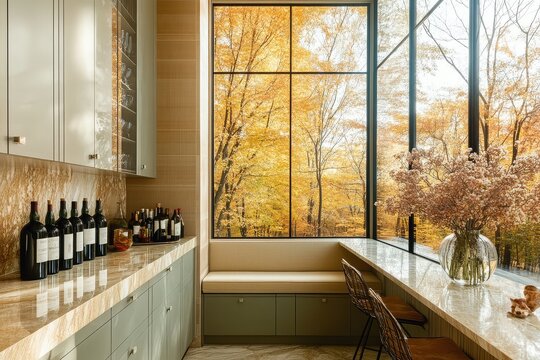 Stylish mid-sized home bar with olive green and tan color scheme, window seat, wine bottles, and a view of the backyard, designed by Vail and Dixit's studio.