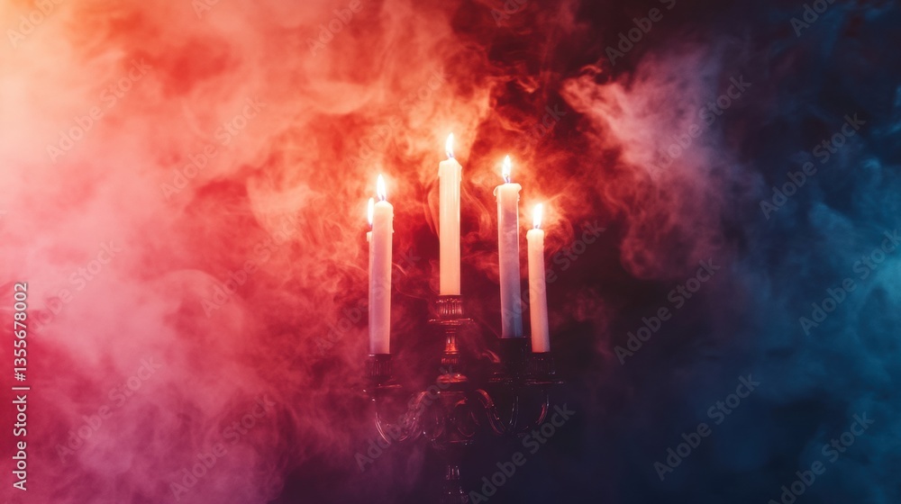 Poster glowing candles illuminate a dark space filled with vibrant smoke, creating a captivating and myster