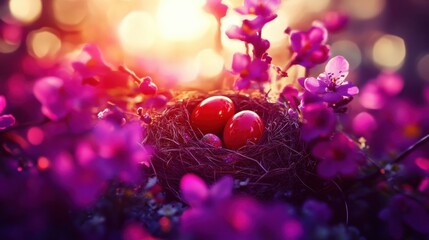 A cozy nest holds bright red eggs surrounded by blooming flowers as the warm glow of sunset lights up the scene